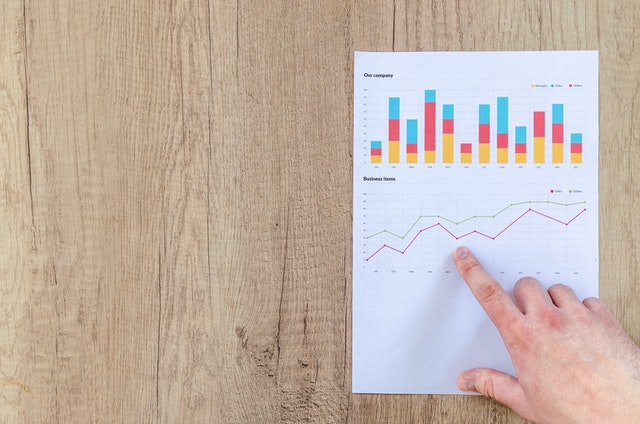 Person pointing to graphs on paperwork.