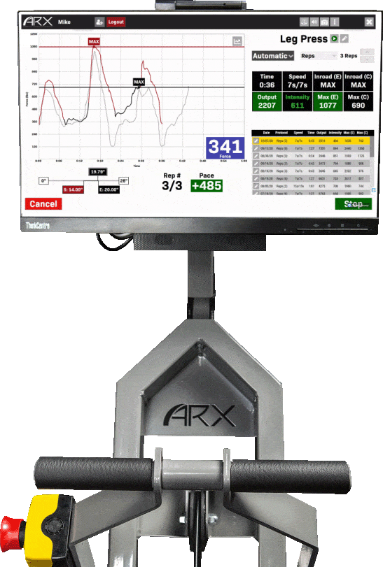 ARX screen showing live results for leg press.