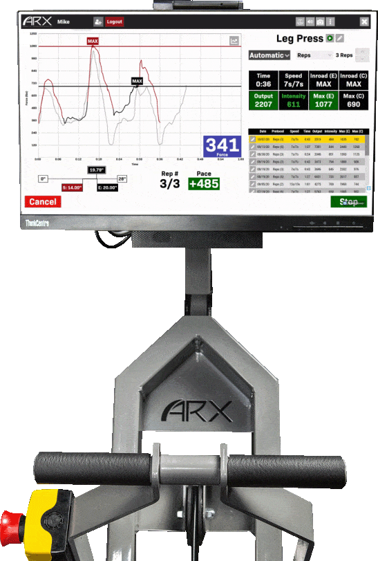 ARX leg press machine with digital display showing performance metrics and force-time graph during exercise session