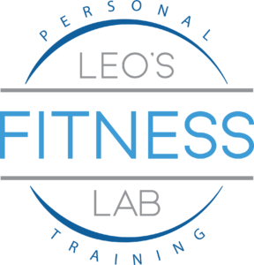 Leo's Fitness Lab Personal Training circular logo with blue text and decorative arcs