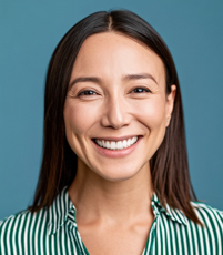 a headshot of a woman with straight brown hair smiling at the camera